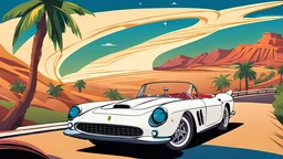 A sleek white shiny (((ferrari bel air 59'))), its contours and details perfectly captured in a (((cinematic view))), zipping along a winding road under a beautiful night, rear view