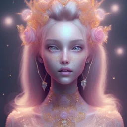 crystal rose beautiful girl smile,utra realistic,highly detailed, gold, pink, jewels, lace, masterpiece, delicate detailed, sharp focus, insanely detailed, fantasy art, intricate detailed, elegant, fog, Special Lighting, Vibrant, color Scheme, forest, unreal engine 5, trending on artstation