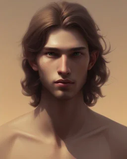  boy, cute, young, brown hair, brown eyes, medium hair, head and shoulders portrait, head and shoulders portrait, 8k resolution concept art portrait by Greg Rutkowski,