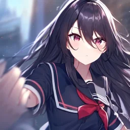 Clear focus, High resolution, Rough line, hair between eyes, 1girl, 2girl, 2girl is trying to get in 1girl way and 1girl is pushing 2girl away, 1girl has black long hair with purple eyes, 2girl has black long hair and red eyes, both wearing a sailor uniform, very detailed hair, 2girls on screen