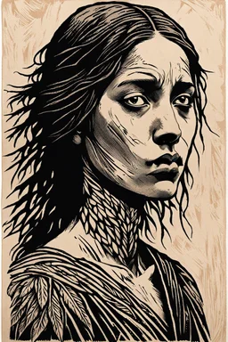 create a deeply powerful tragic, heart wrenching, and evocative, full body woodcut of a raw and weathered raven maiden girl with highly detailed and deeply cut facial features, in the style of KATHE KOLLWITZ , searing lines and forceful strokes