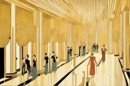 Inside an Art Deco Opera foyer, with mirrors and brass sconces, incandescent, gleaming, people in extravagant costumes by artist "Erte"