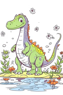 cute dinosaur colored with basic colors, full body, defined lines, no shadows, white background, clear and well, this dinosaur is eating flowers on the lake shore. This generation should be colored only with the colors black, red, green, yellow, light blue, blue and orange