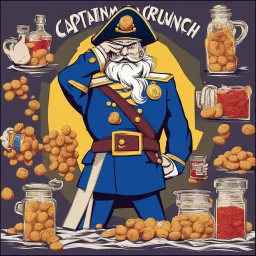 an old Captain Crunch standing in a Captain Morgan pose