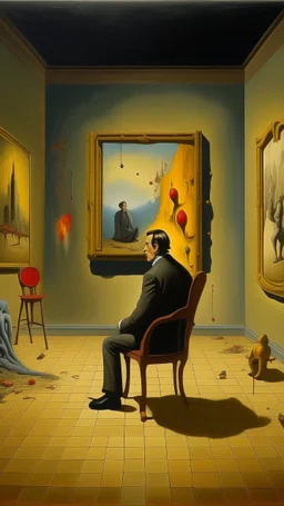 Bosch paint style nightmare, a rear view of a man sitting on a chair facing a picture of Salvador Dali on the wall ,