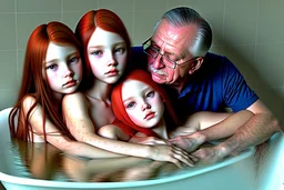 digital art of beautiful young auburn hair teenage girls with dad in the bedroom in a bathtub with grandpa hugging bare lips