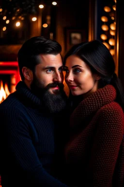 Fire place Christmas scene, dark haired couple, man with short black beard, blue eyes, cozy, young couple, high definition