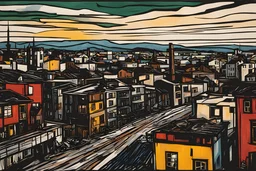 Max Beckmann, and Egon Schiele abstract expressionist style color woodcut of a dystopian industrial urban landscape , sharply defined, finely lined and detailed, 4k in vibrant natural colors