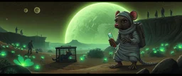 8️⃣ Exploration on Planet "Alien desert with bioluminescent flora. Giant mummy rat carries a tiny vial, tense but curious, bandages slightly torn. Crew collects samples. Caged rat sits quietly in a field lab, stasis rat visible in background container. Watchers observe from cliffs. Mood: adventure, curiosity, caution. Lighting: Rembrandt-style dramatic contrast, anime-style rat expression."