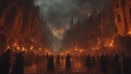 a demon leading an army of the dead through a burning medieval city. the apocalypse. empty hands. blood. magic in the sky. fantasy setting. intense horror. blind terror. scared to death. a masterpiece, fantasy concept art, dynamic lighting, hyperdetailed, intricately detailed, deep color, Unreal Engine, volumetric lighting, Epic cinematic brilliant stunning intricate meticulously detailed dramatic atmospheric maximalist digital matte painting