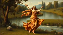 past times Great Leonardo da Vinci 's monalisa is gracefully dancing, in country side with a river