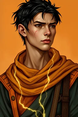 DND young male human, cultist with robes of the lightning dragon , from east desert kalimshan, tanned skin, very short black hair, scars on face