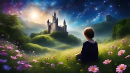 429. Dans son monde doux, l'enfant rêveur se perd, parmi les fleurs, les étoiles et le ciel clair. Son regard innocent, ses pensées envoûtées, dans un univers de beauté, à jamais émerveillé. Il imagine des châteaux dans les nuages, des lucioles jouant dans les prairies sauvages. Ses rêves sont comme des contes de fées, où chaque instant est un trésor à savourer. Son cœur pur bat au rythme de l'imagination, dans un océan de joie et de fascination. Car c'est dans ses rêves qu'il trouvera l'infini