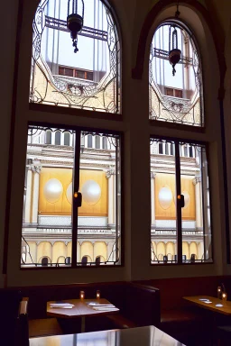 View of the synagogue in Budapest from a large glass window of a café, a brown-haired woman sitting in front of the window with her back to us, coffee in front of her, large shiny bright silver and spherical lamps on the ceiling, in sunshine