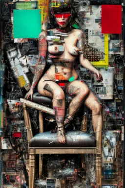 Ultra detailed medium portrait painting of a half naked woman sitting on a chair, no nudity, bended over, dark room with little light coming from an open door behind her, torn up collage of clippings, broken circuitry background, matrix effects, punk visual art, punk art aesthetic, graffiti art, pop surrealism, collage art, cluttered paint glitches