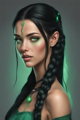 Young beautiful female Hexblood. Lightly tanned skin. Long silky jet-black hair styled in elegant half braids, the rest flowing straight down her back. Bright glowing pale emerald-green eyes. Delicate facial features, full lips, high cheekbones and a soft mischievous smile. Subtle dark vine-like markings trail across her neck and collarbone, hinting at ancient magic. Ethereal beauty with a mysterious aura. Realistic dark fantasy, cinematic lighting, highly detailed, elegant, captivating, subtle