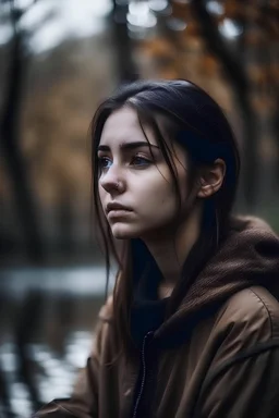 i waI want a psychologist who is locked in her own head because she is mourning the loss of a family member, however she is sitting in a sad environment thinking with a photo of that person who has already died remembering her, an environment of rain in autumn but in her face shows a neutral face pretending not to feel affected