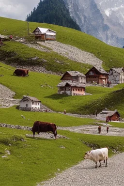 Brown and white cows walking on a path in the alps, Austria, green grass, hyper realistic, detailed, accurate, beautifully ornamented houses, open aperture, style Isabel Kreitz