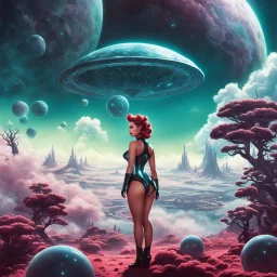 Sci-fi pin-up girl on an alien planet of cloud trees in the multiverse