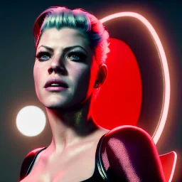 Actress, Katheryn Winnick, retro futuristic, sexy, short hair, blood, portrait, unreal engine 5, samurai, 16 bit, god lights, ultra hd, vibrant color, night city background, neon, front view.