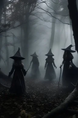 Spooky “misty spirits” in dark forest with witches.