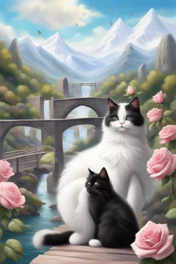 in the center: beautiful fat fluffy black and white cats with green eyes sitting on a bridge, under the brigde flows a small blue river; background: landscape with mountains and white clouds, butterflys flying in the sky; first plan: pink roses;