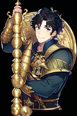 A handsome 30 year old male knight, black hair, dark blue eyes, wavy haircut, in black-and-gold plate armor, no beard, european, portrait