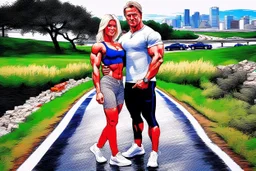 make a pic with very short hair bodybuilder Knut Spildrejorde from Norway, and his fitness wife blonde hair Jeanette, they are standing front of his new red car Chevrolet Camaro, very busy highway in sunny Austin Texas in the background, lot of stacks with pizza boxes on ground