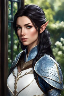 Realistic photography, realism, female half elf, attractive, dark hair, long and subtle stylish layer hair style, front_view, intricate white leather armor, blue plating, detailed part, brown dark eyes, green garden background behind window, dawn