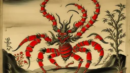 An orangish red fire elemental scorpion designed in Javanese shadow puppets painted by Utagawa Hiroshige