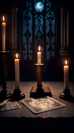 Upon entering the gloomy sanctuary in first person, tarot card in hand, altar with tarot cards, eerie atmosphere, faint candle light