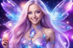 beautiful bright fairy cosmic women with cosmic long straight hair, crystal jewel and dressed with a magic crystal suit. she has light make up and a sweety smile