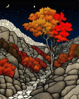 Autumn colors, peaceful, Egon Schiele, Max Ernst, night sky filled with galaxies and stars, rocks, trees, flowers, one-line drawing, sharp focus, 8k, deep 3d field, intricate, ornate, one million strokes