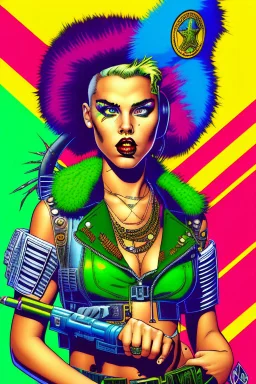 Digital illustration of comic book style cartooned Tank girl giving the middle finger, giant green military tank behind her, color pencils, ink, counter culture, dystopian, retro futuris. 90s riot girl look, punk aesthetics, collage, psychedelic, grime, textured, mixed media with a british pop culture influence, maximalism, feminist icon,