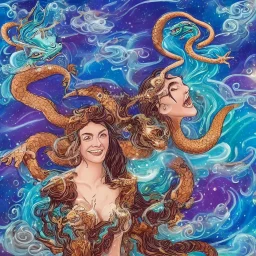 A smiling witch with a beautiful face and full and detailed details performing magic of water, fire, wind and earth with a wooden and crystal wand shining in various colors with a background of large and beautiful dragons flying in an azure sky with A background of a large snake with many heads, in full detail