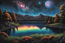 by the lake, on an alien world, under the Orion Nebula, by night :: make it more alien and make the sky a whole starry nebula :: extremely detailed, intricate, photorealistic, beautiful, high detail, high definition, pencil sketch, deep color, airbrush art