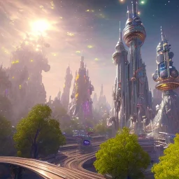 futuristic city with astroport and transparent bridges, galactic landsacape with multicolored crystals falling from the sky, full of details, smooth, bright sunshine，soft light atmosphere, light effect，vaporwave colorful, concept art, smooth, extremely sharp detail, finely tuned detail, ultra high definition, 8 k, unreal engine 5, ultra sharp focus