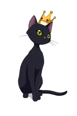 thin black cat on white background, sitting proud, wearing a tall crown, anime