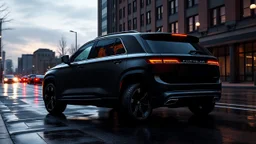 "Design a 2024 Chrysler 300C SUV concept, blending the elegance of the sedan with a rugged SUV form. Feature a bold front grille, aggressive headlights, and muscular body lines. The SUV should have a slightly lowered stance, blacked-out wheels, and a matte black finish with chrome accents. Set it in a dusk cityscape with wet streets reflecting the lights, highlighting its powerful and luxurious presence, rear view
