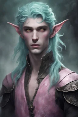 mint hair, pink eyes, pale, dark background, fog, elf, fantasy, male, soft facial features