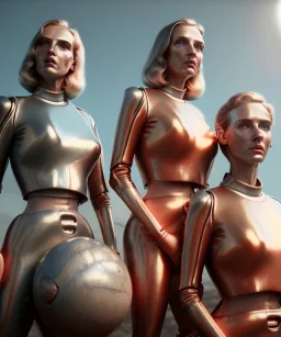 Ultra Realistic retro sci-fi movie scene, 1960 year, waist up view portrait, 3 clones blonde women, sweet young uma Thurman face, perfect iris, glow eyes, face makeup. Mars and martians background, Retro sci-fi style, helmet, tight latex coat, fog, rain, soft color, highly detailed, unreal engine 5, ray tracing, RTX, lumen lighting, ultra detail, volumetric lighting, 3d, finely drawn, high definition, high resolution.