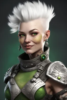 female scifi space pirate dwarf short white hair is styled into a mohawk with intricate patterns shaved into the sides. The image she portrays is very typical of a dwarf - short and muscular with square features - however she always has a mischievous smile upon her face, accentuated by her vibrant green eyes. She has fair skin with many freckles dotted across her cheeks and arms.