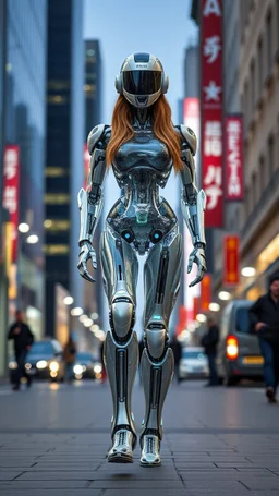 a photoshoot view fullbody all to feet beautifull Russian Supermodel long hair having humanoid body robot transparent visible glass shiny explore inside details machines mechanical parts,walking city street