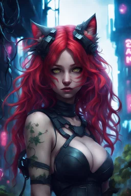 CAT GIRL, FANTASY, VINES, SOULLESS, FLUFFY TAIL, RED HAIR, CYBERPUNK