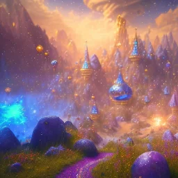 blue gold and violet landscape with multicolored crystals falling from the sky, full of details, smooth, bright sunshine，soft light atmosphere, light effect，colorful, concept art, smooth, extremely sharp detail, finely tuned detail, ultra high definition, 8 k, unreal engine 5, ultra sharp focus