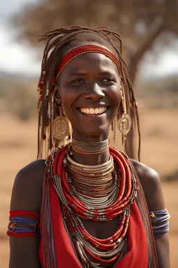 A maasai lady with traditional ornaments and smiling. Should be realistic and 8K