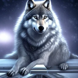 A Wolf, sitting on the bridge of a spaceship, like picard