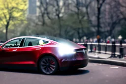 A Tesla 'Model S' is drifting at high speeds, in the 'Central Park' in New York City. (CINEMATIC, WIDE ANGLE LENS, PHOTO REAL)
