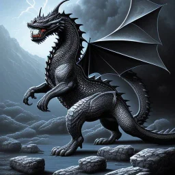 mdjrny-v4 style, highly detailed illustration of a black obsidian dragon, spread wings, black obsidian dragon feet on lava rock, dark sky background, realistic, intricate details, d&d, by artist "Steve Argyle", full body