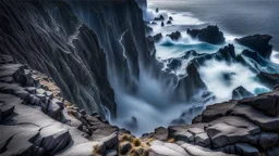 This mesmerizing ocean cliff scene captures the dramatic power and beauty of nature. Towering rugged cliffs stand majestically against the vast expanse of the ocean, where the water pours into a singular bottomless pit. The cliffs, with their sharp and jagged edges, create a stark contrast to the rough, flowing water, making the scene even more captivating. Sunlight pierces through the mist rising from the waterfalls, creating a magical, ethereal atmosphere